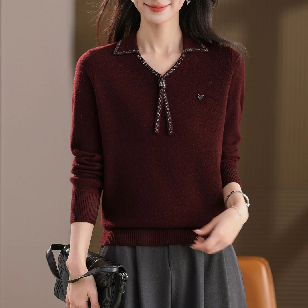 黛妍6872冬季新款100%羊毛显瘦百搭飘带翻领针织套头上衣