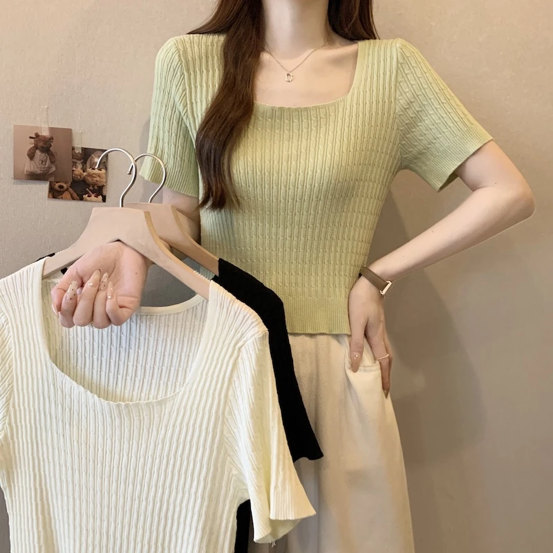 法式针织衫方领短袖小众设计感内搭T恤上衣打底衫女