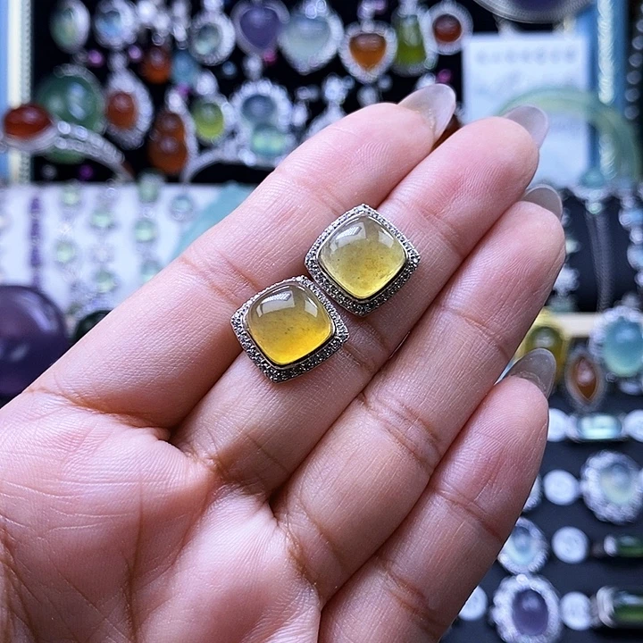 岫玉银S925镶嵌耳钉耳钉