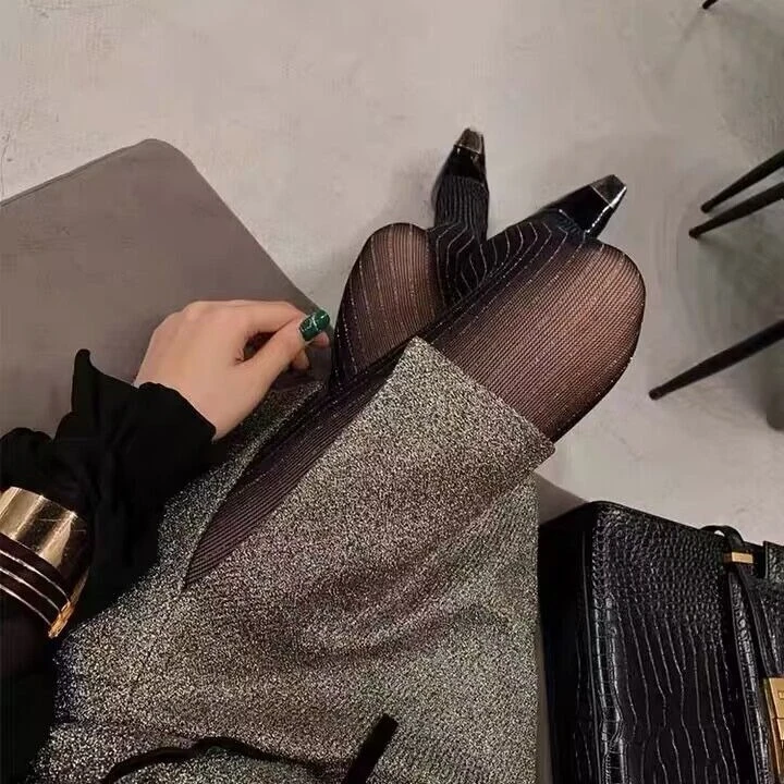 外单银丝竖条纹丝袜连裤袜珠光显瘦美腿袜女士打底袜精编爆款潮袜
