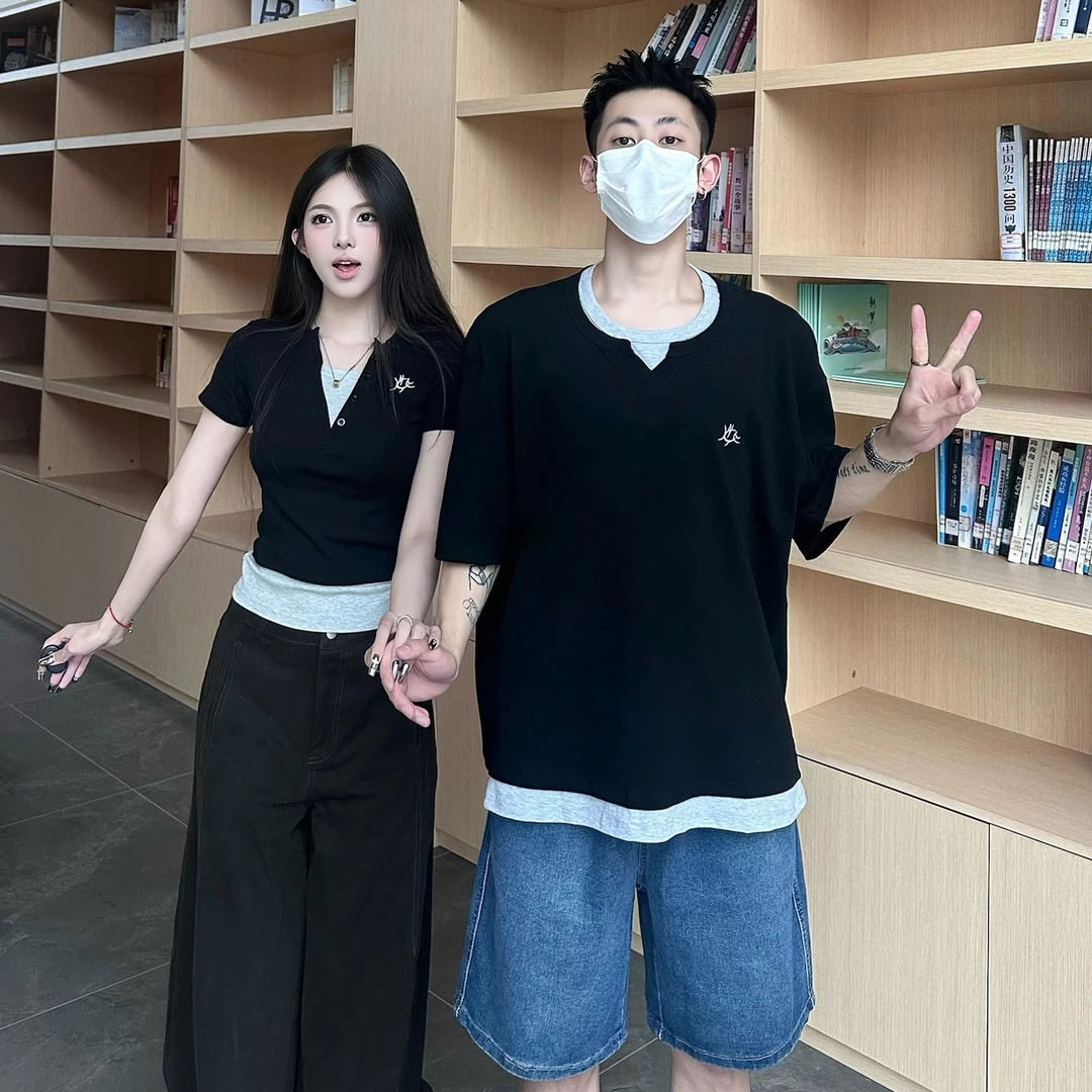 2025夏季新款韩版休闲显瘦假两件V领短袖T恤慵懒百搭宽松情侣上衣