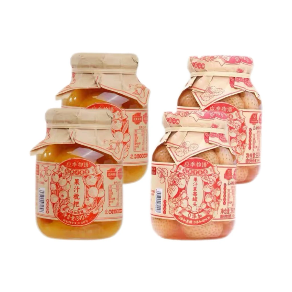 【24.12月新日期】应季物语果汁草莓2瓶+枇杷2瓶390g玻璃杯水果罐头