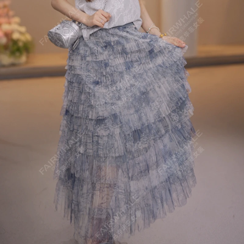 马克华菲女装法式高级感扎染蛋糕裙半身裙春夏高腰大摆网纱蓬蓬裙