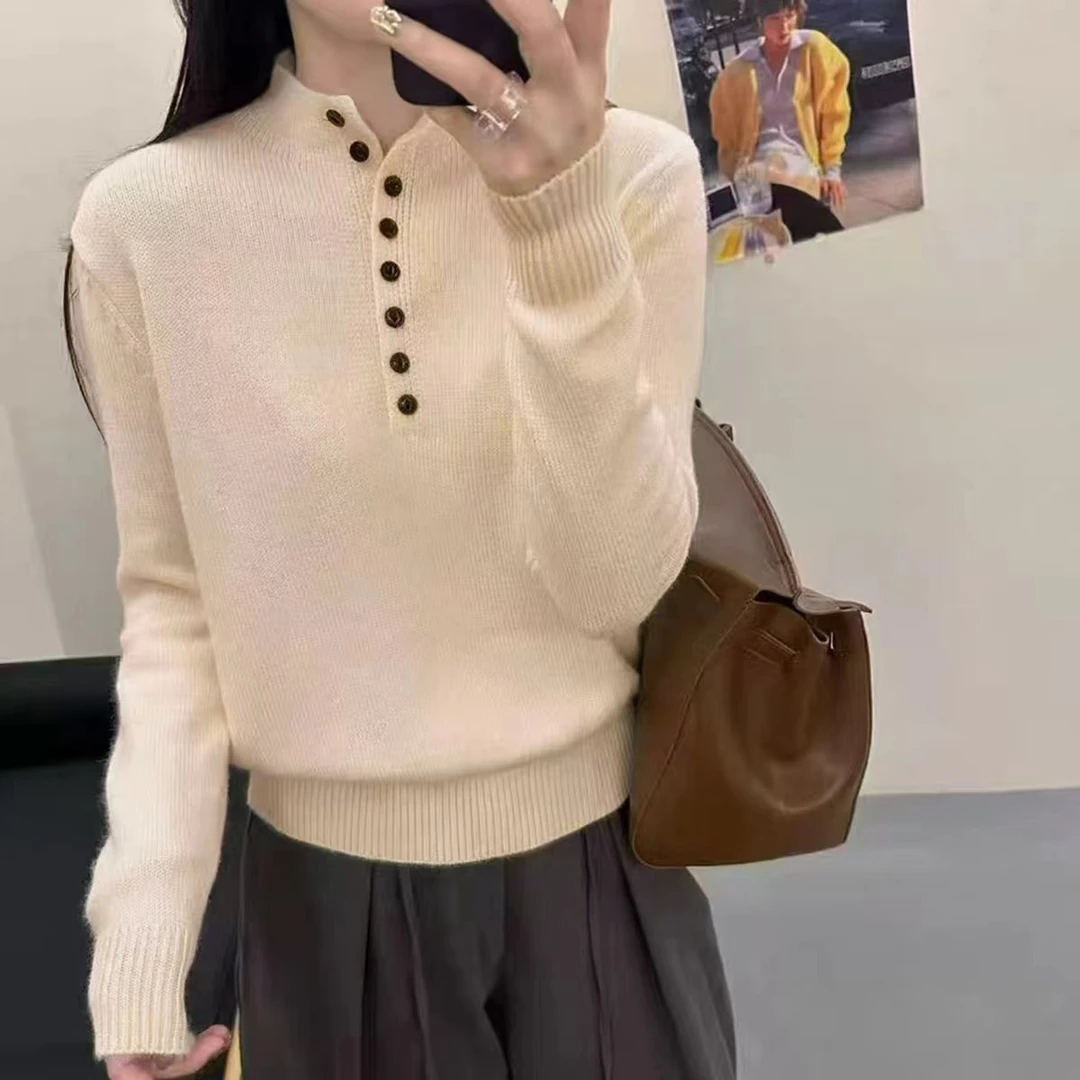 慵懒时尚~25秋冬100纯羊毛半开半高多扣女韩式气质精致慵懒羊毛衫