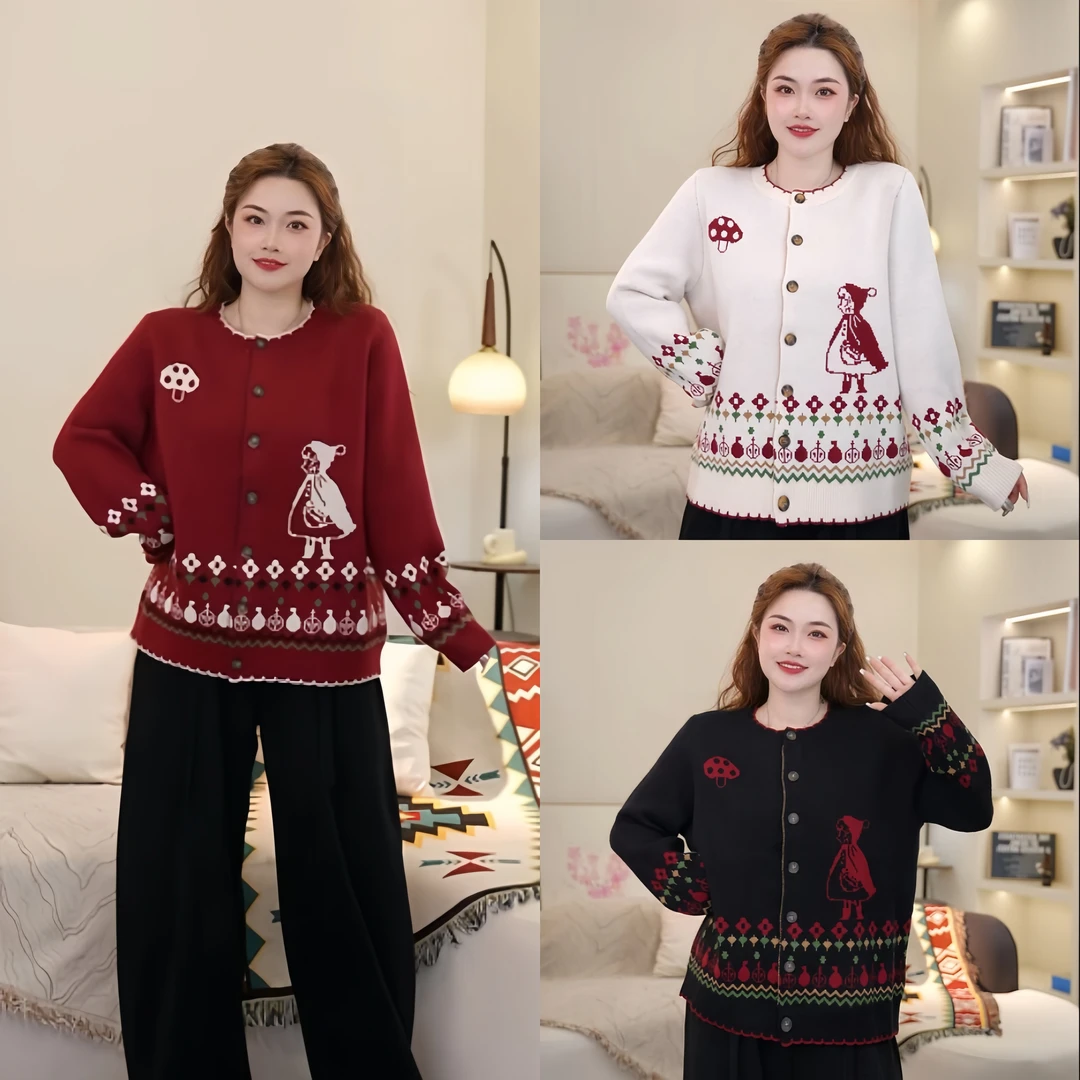 梦丞大码女装微胖显瘦百搭毛呢毛衣提花秋冬小香风休闲宽松型开衫