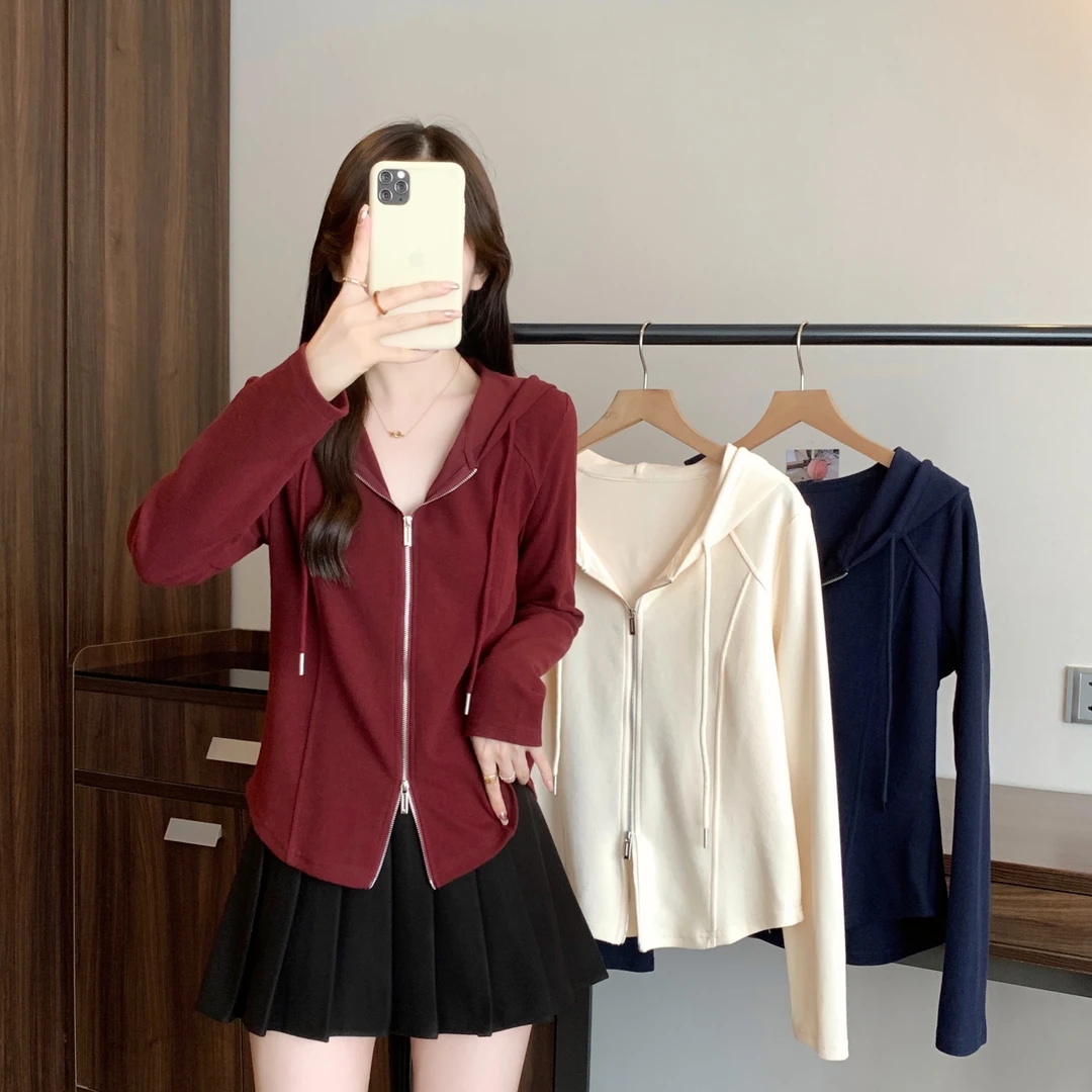 2025秋季大码韩版胖mm减龄连帽卫衣女设计感双拉链开衫上衣63711