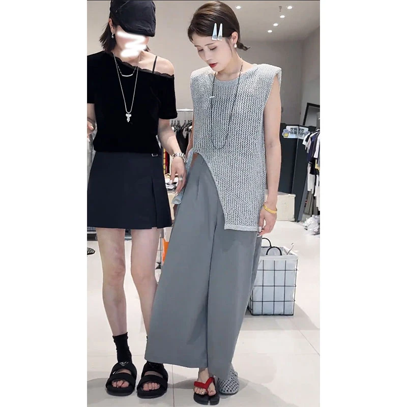 2025夏季女装时尚慵懒风灰色针织上衣韩系镂空开叉背心阔腿裤套装