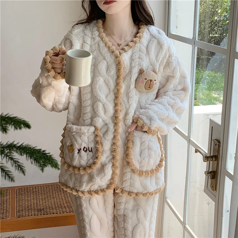 2025新款秋冬季睡衣女珊瑚绒加厚可爱开衫外穿法兰绒家居服套装