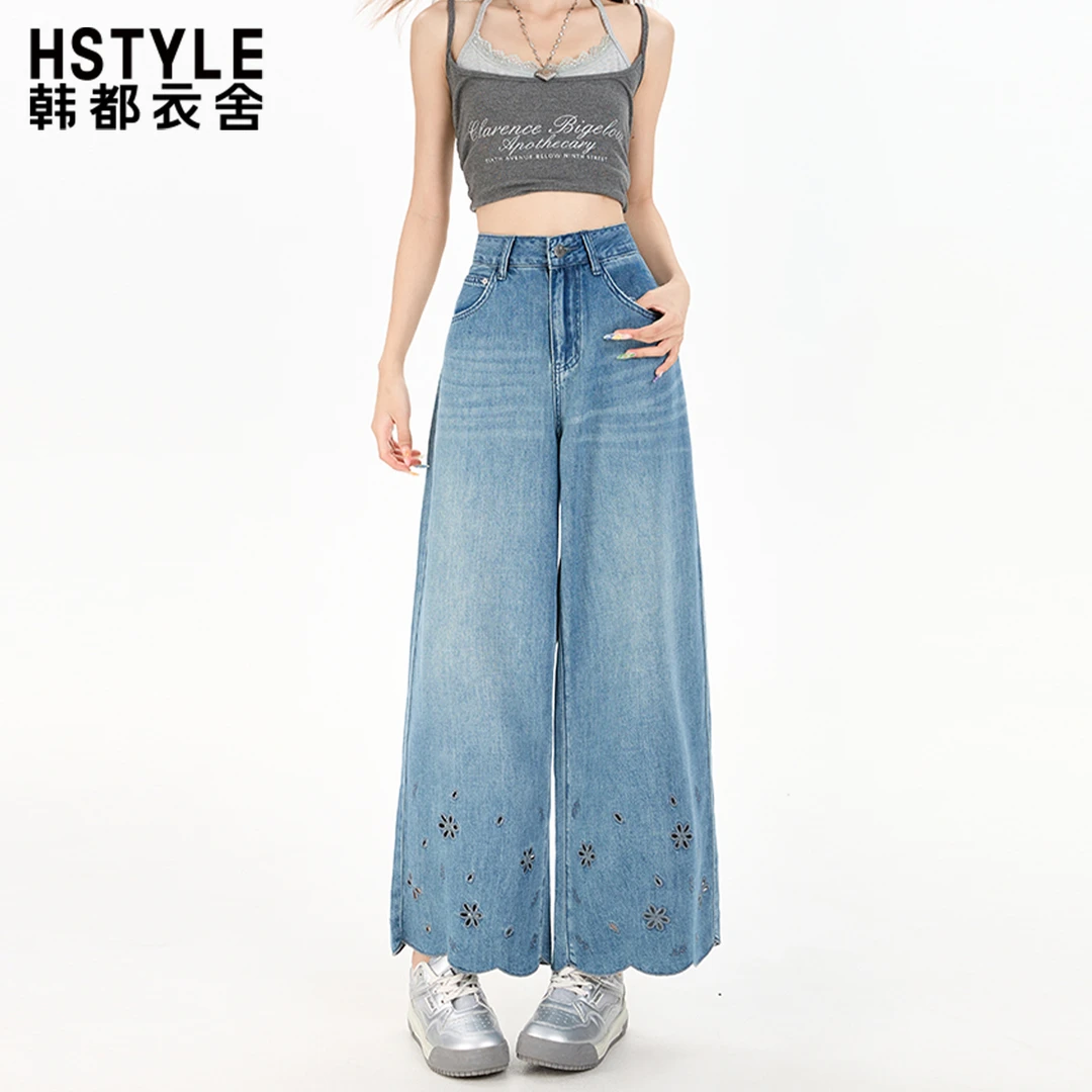 韩都衣舍花边浅蓝直筒牛仔裤女2025夏季薄款新款阔腿显瘦九分裤子