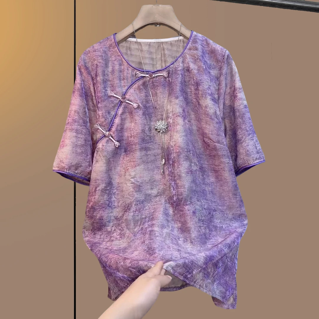 大码女装胖妹妹夏季新中式时尚百搭盘扣衬衫气质风显瘦设计感短袖