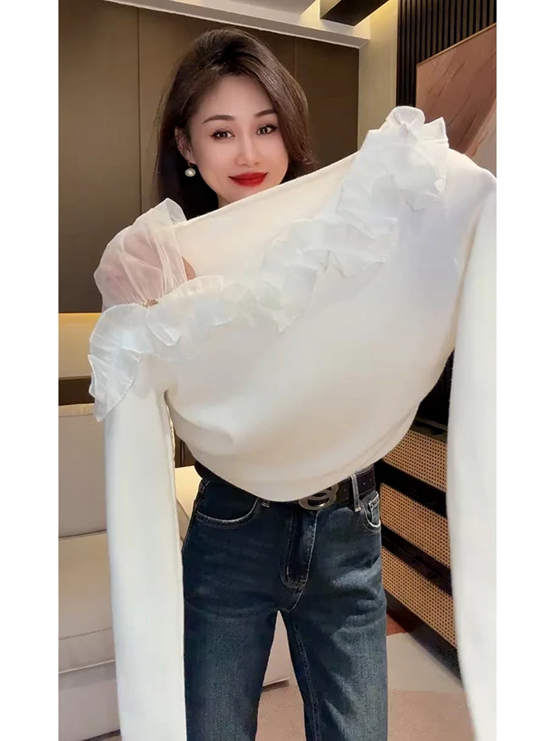 早秋小个子时尚减龄高级感上衣设计感小众漂亮白色花边长袖T-恤女