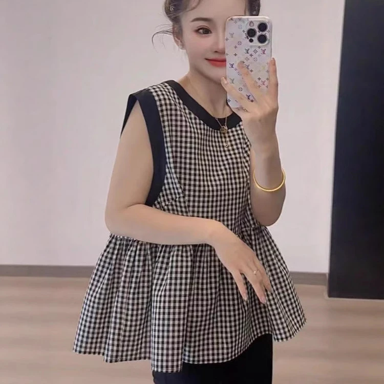 韩版复古洋气无袖格子衬衫女2025新款收腰显瘦气质娃娃衫别致上衣