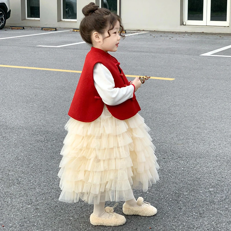 现货）2025春季女童马甲套装儿童洋气红色马甲蛋糕蓬蓬裙子