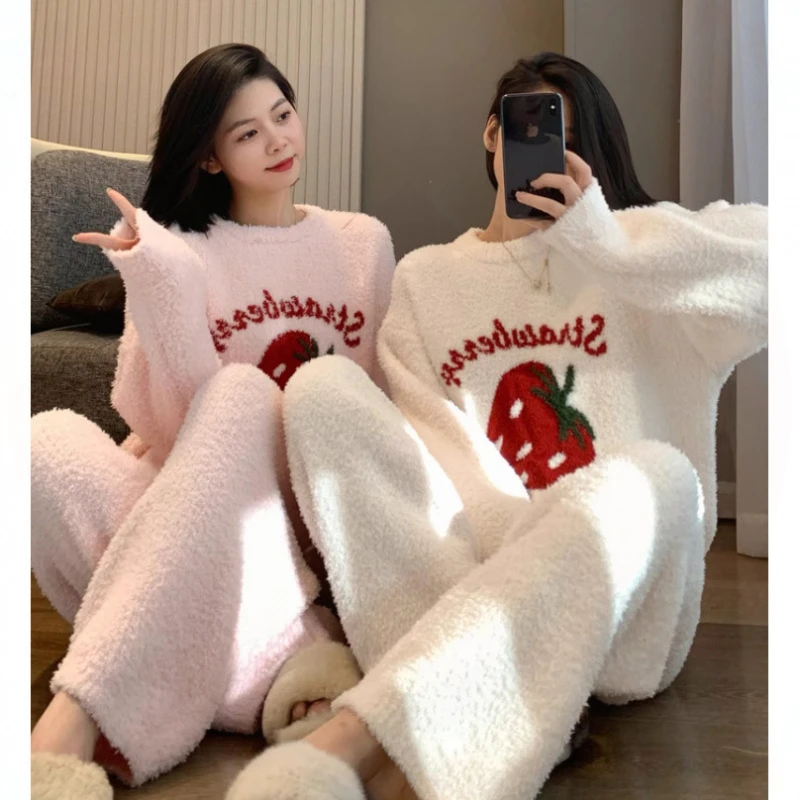 可爱草莓半边绒睡衣女长袖珊瑚绒秋冬季家居服高级感软绵绵绒套装