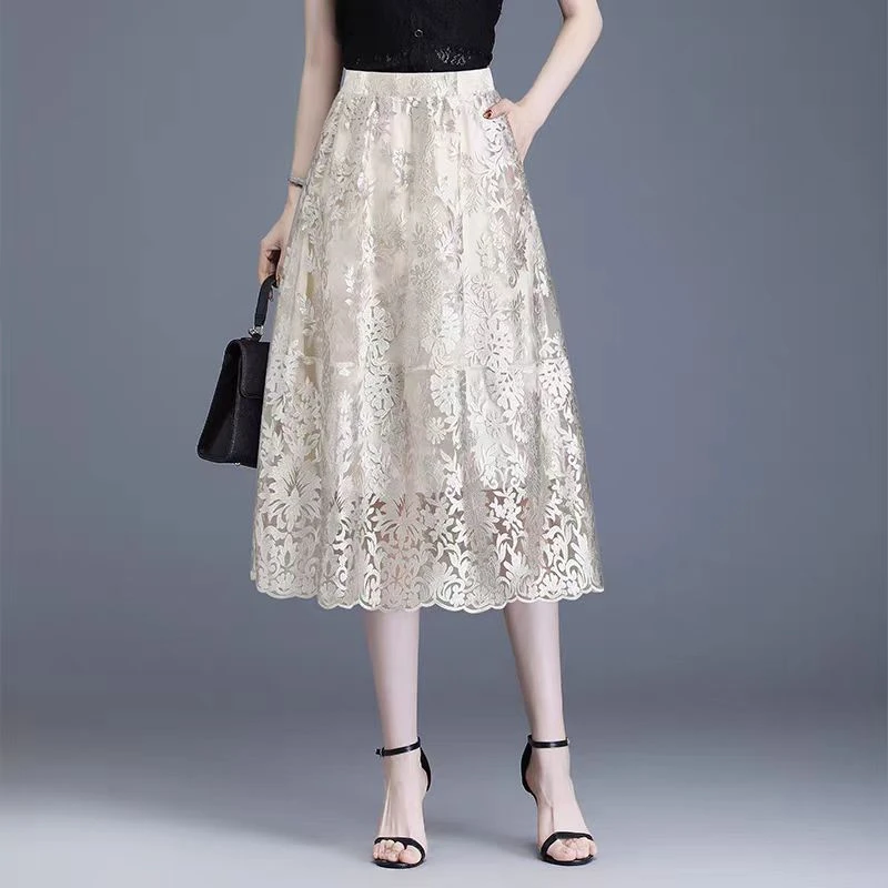 [西湖诗语]中长款休闲风蕾丝刺绣半身裙时尚显瘦夏季半身裙中裙