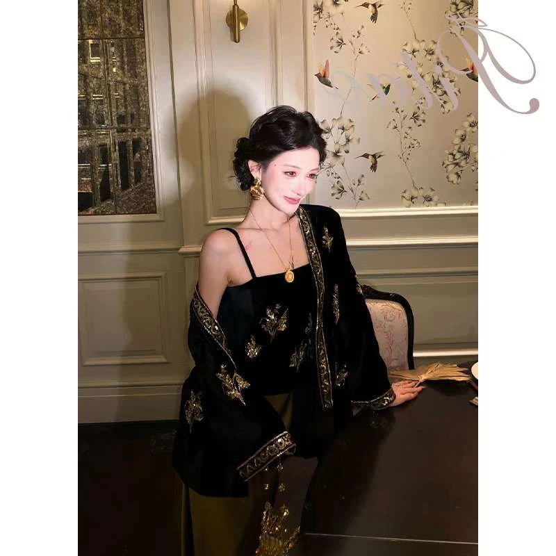 T杜屁屁桃原创墨研秋华新中式国风女刺绣珠绣丝绒人丝外套套装