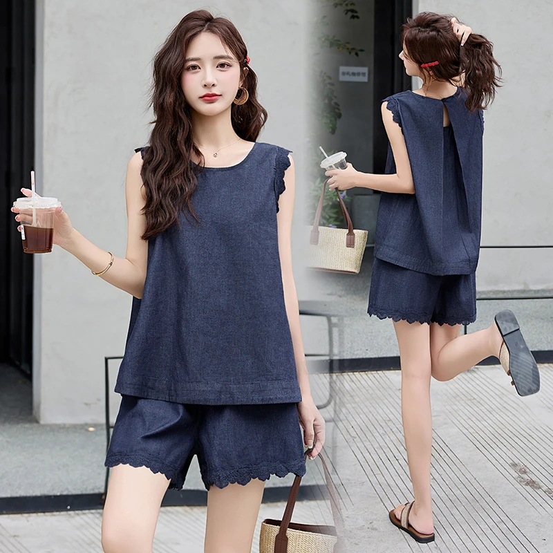 设计感蕾丝拼接牛仔套装女2025夏季新款小个子休闲时尚短裤两件套