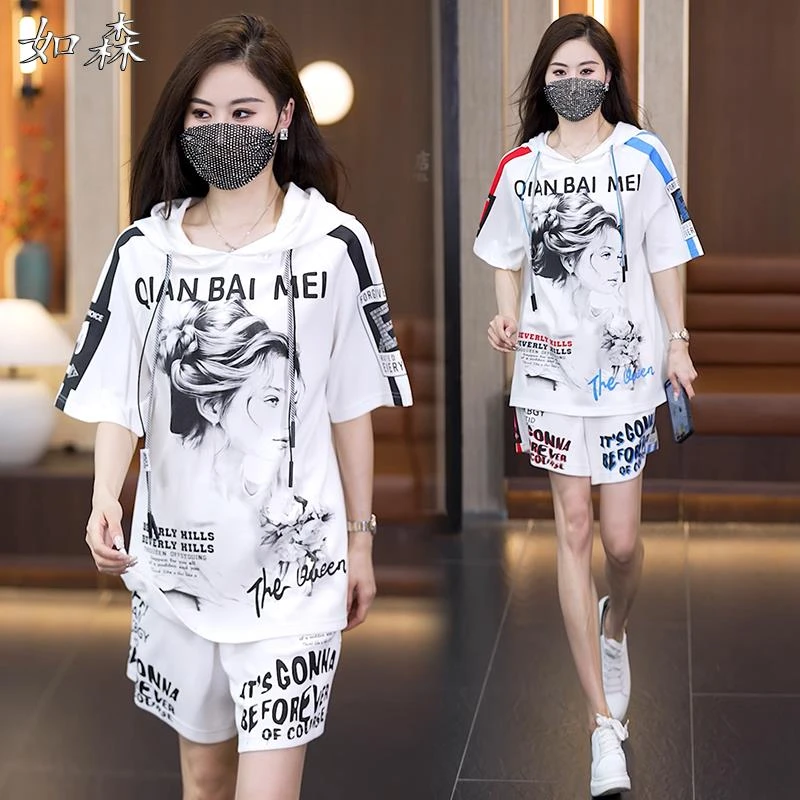 大码女装2025夏季新款休闲时尚运动套装胖mm显瘦遮肉短裤两件套女