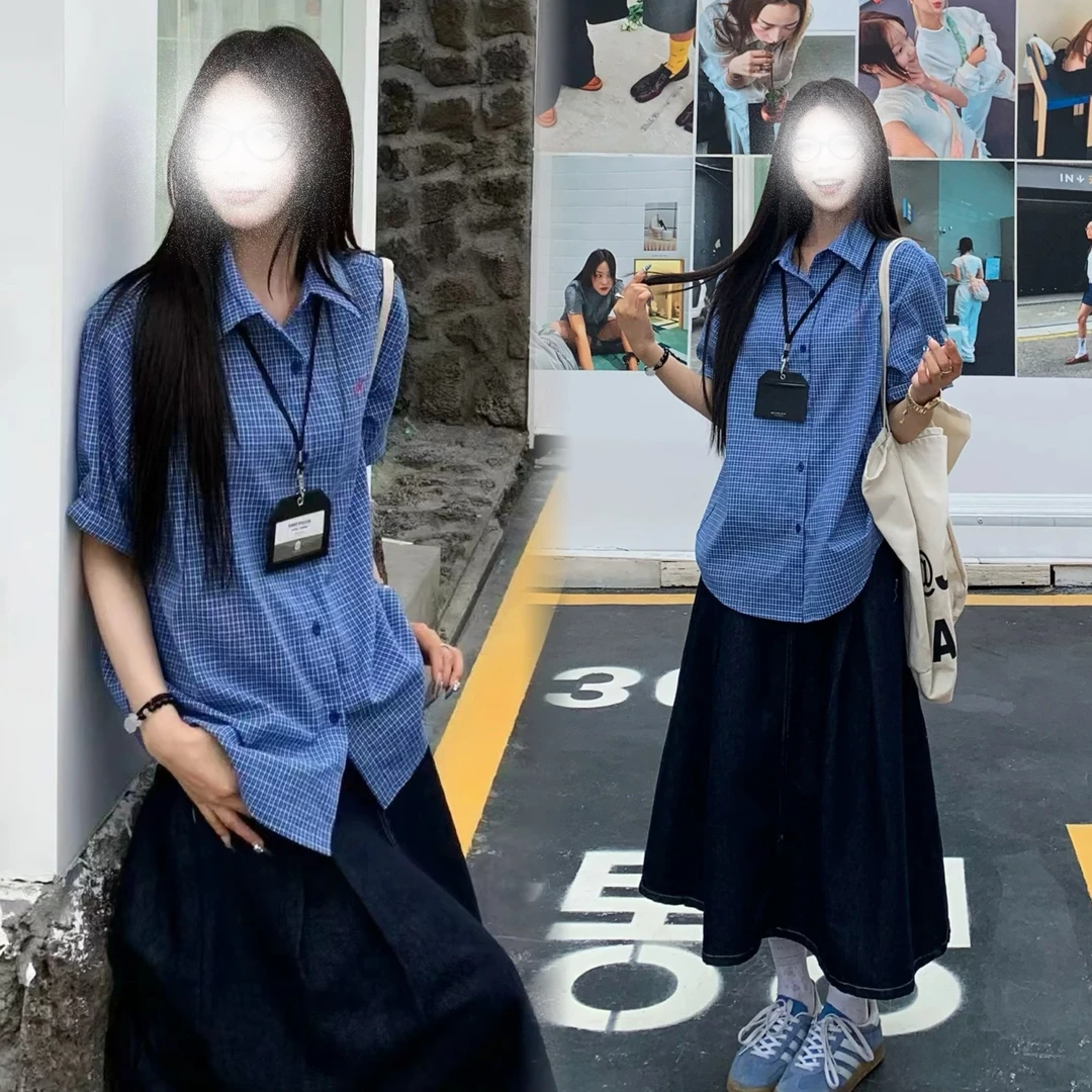 新款大码胖MM韩系慵懒蓝格子短袖衬衫高腰牛仔通勤套装