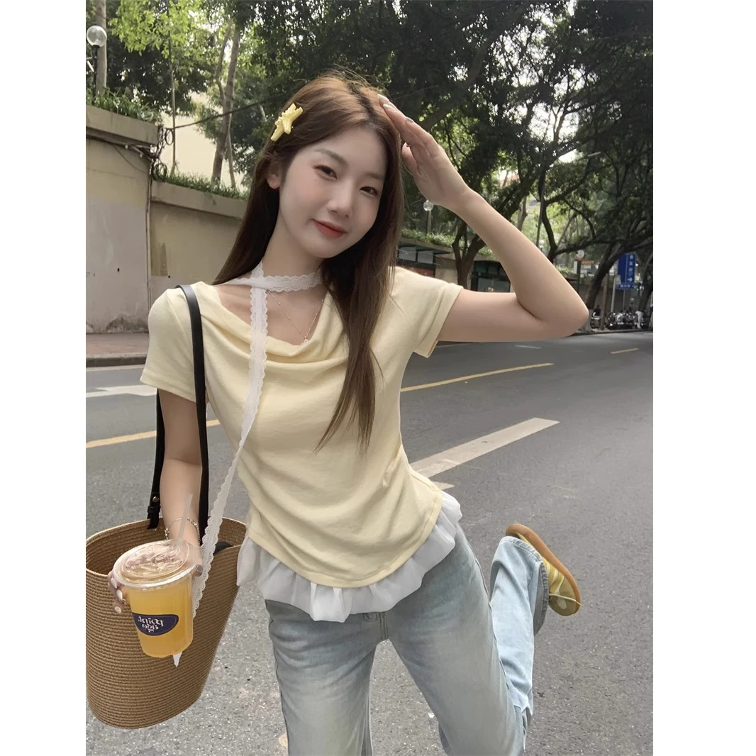 2025夏季新款韩系修身显瘦荡领不规则蕾丝拼接短袖T恤上衣女chic