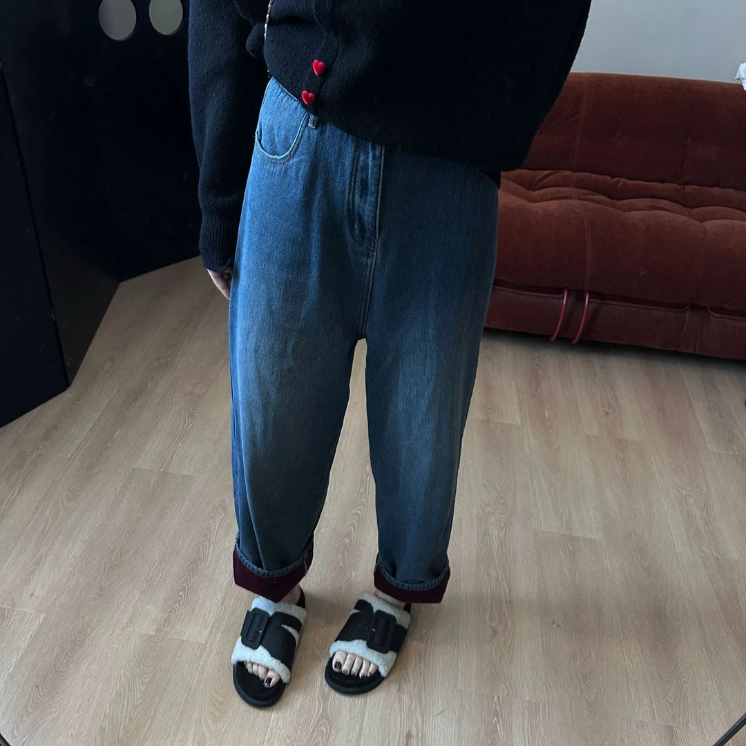 【锁温神裤】复古做旧加绒宽松潮流直筒撞色牛仔阔腿裤