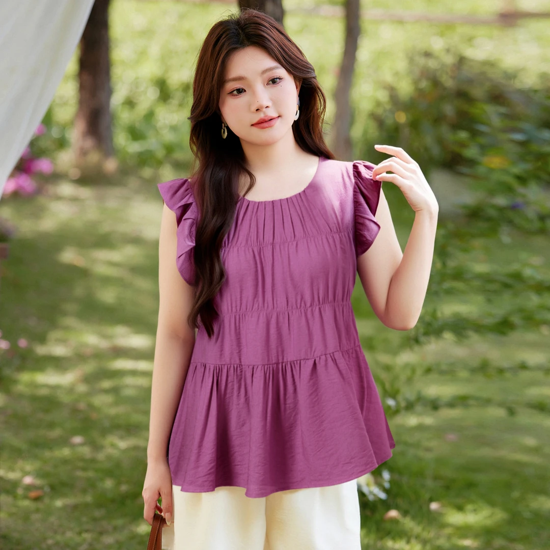 【甜美飞飞袖圆领独特漂亮小衫】MsShe大码女装新款夏装Q2504002