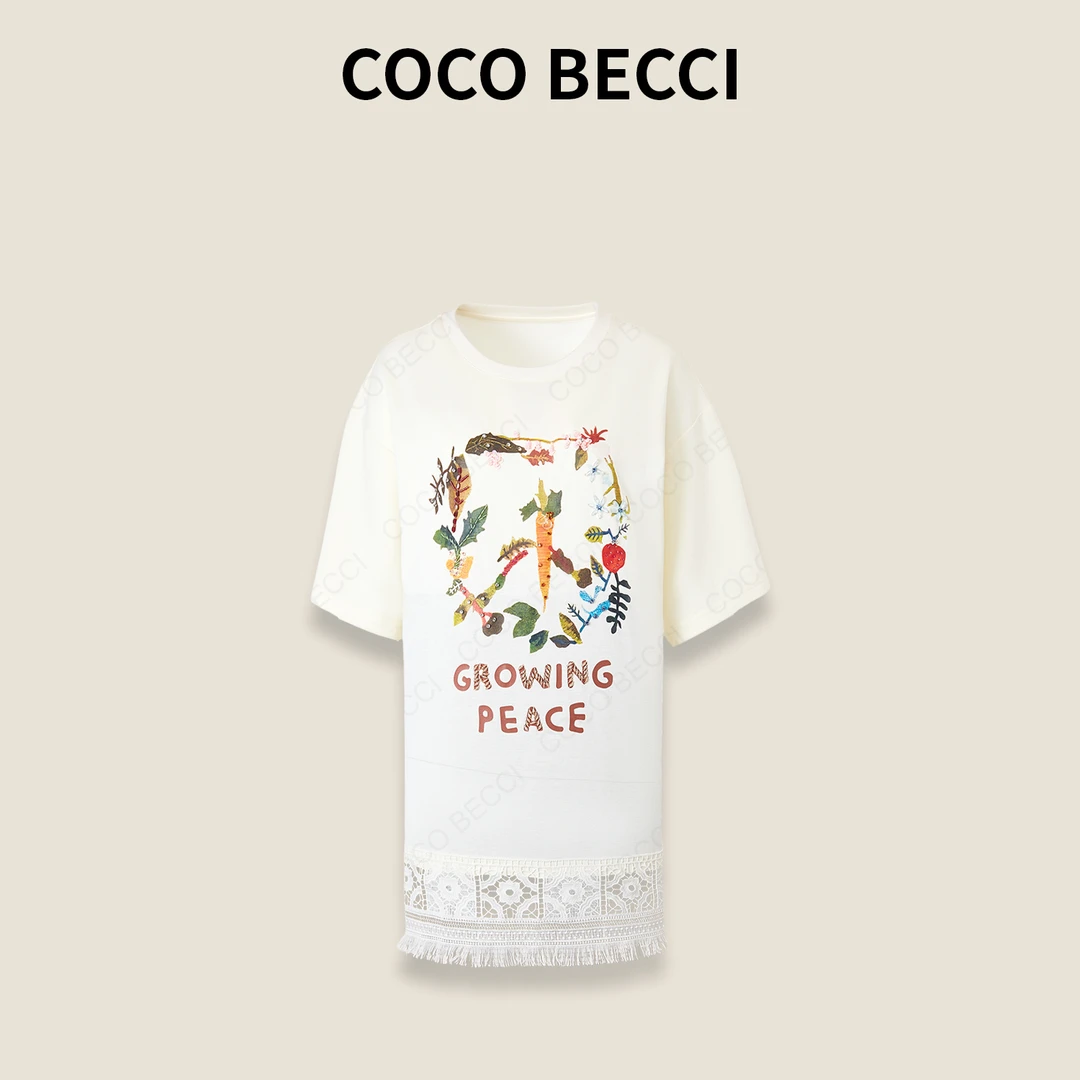 COCO BECCI 印花手工钉珠拼蕾丝重工T恤CFXYSU24A0006