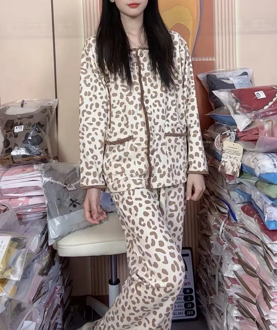 5号【AA】2025新款睡衣女秋冬爆款精致开衫豹纹加绒加厚两件套外穿