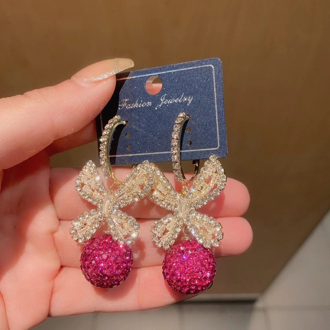 合金锆石耳饰 重工超仙流苏闪亮珍珠大耳环经典时尚百搭红色耳饰