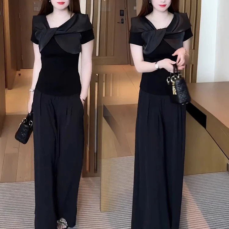 2025夏季新款时尚套装女洋气显瘦蝴蝶结短袖T恤高腰阔腿裤两件套