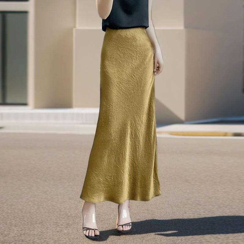 高级感黑色缎面半身裙女夏季松紧高腰垂感显瘦鱼尾裙子法式包臀裙