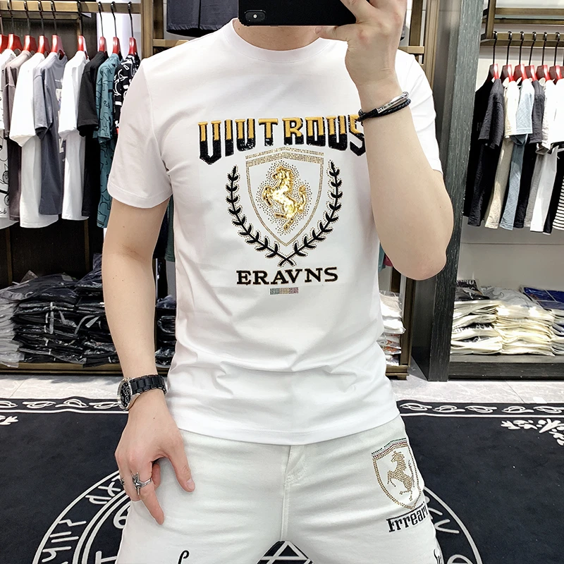施摩瓦戈夏季潮牌时尚短袖t恤男修身潮流字母刺绣丝光棉休闲半袖