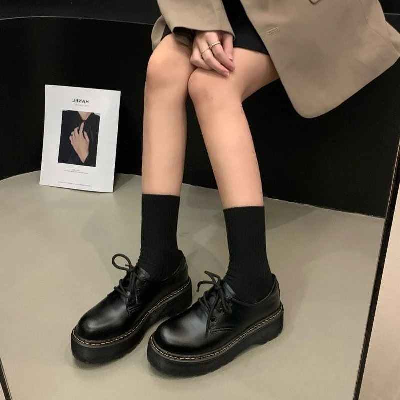 中跟英伦风小皮鞋女鞋单鞋系带2025豆豆鞋黑色秋平底复古新款百搭