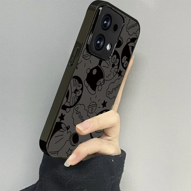 黑色哆啦OPPOReno14手机壳适用reno14Pro小羊皮reno13新款保护壳