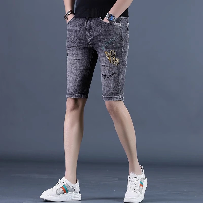 臣吾高端夏季新款薄款刺绣牛仔短裤男修身小脚休闲男士五分裤子潮