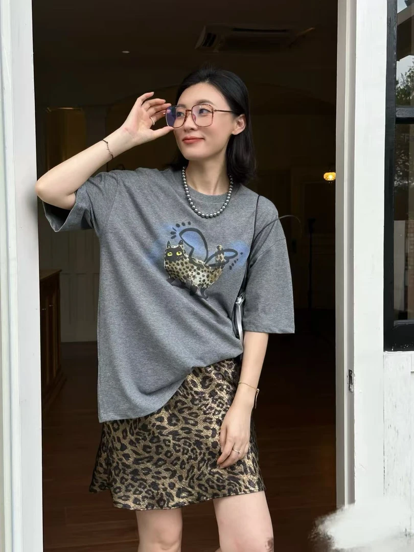 女士灰色豹纹猫咪短袖夏季