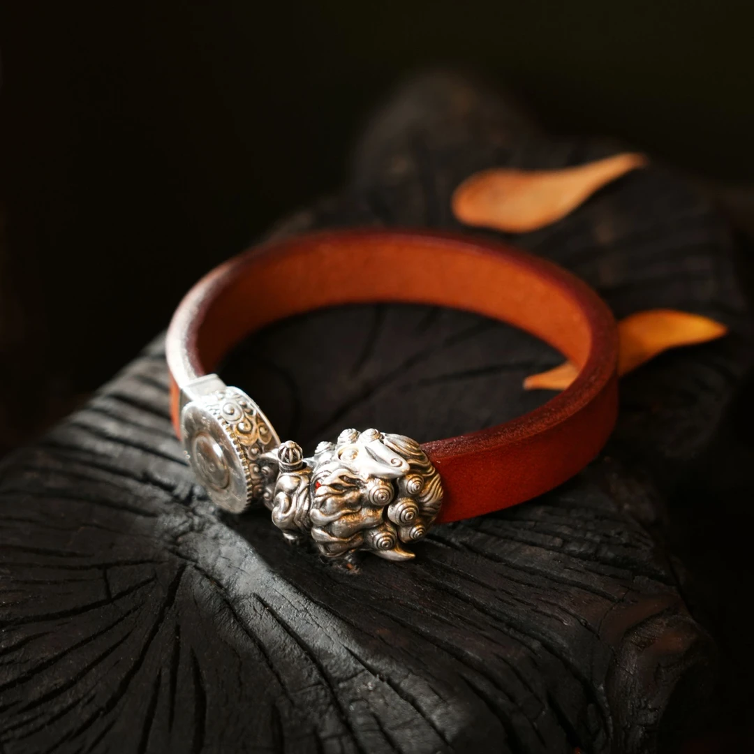 925银皮质手镯 雪狮手链原创设计民族风圈口简约首饰圈圈欧美时尚