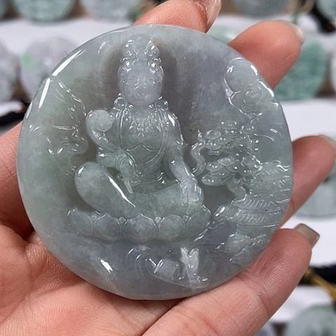 翡翠颈饰未镶嵌山水观音有个棉点福利