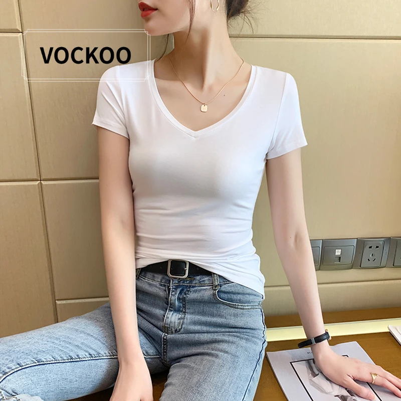 VOCKOO白色t恤女v领短袖2025年新款夏季时尚正肩修身半袖上衣显瘦