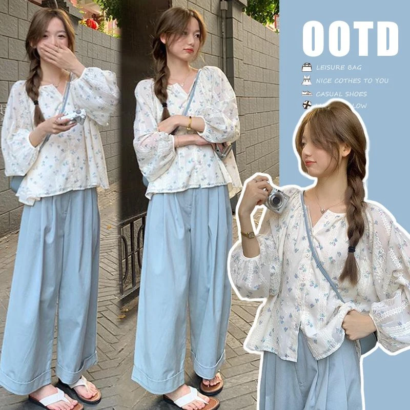 孕妇装春装小清新孕妇碎花长袖衬衫+高腰宽松显瘦孕妇工装裤套装