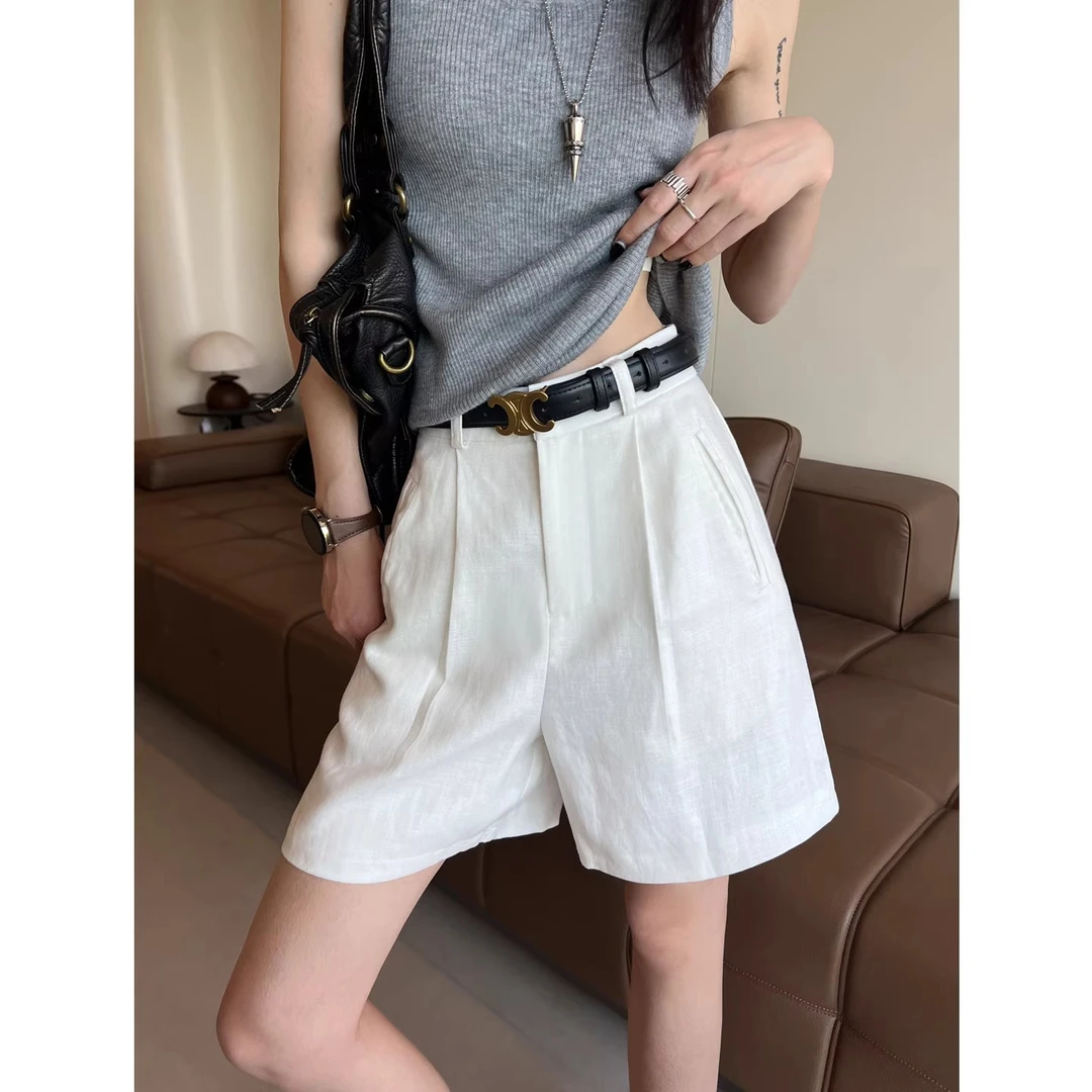 白色亚麻短裤女夏季新款小个子宽松高腰a字休闲天丝麻阔腿五分裤