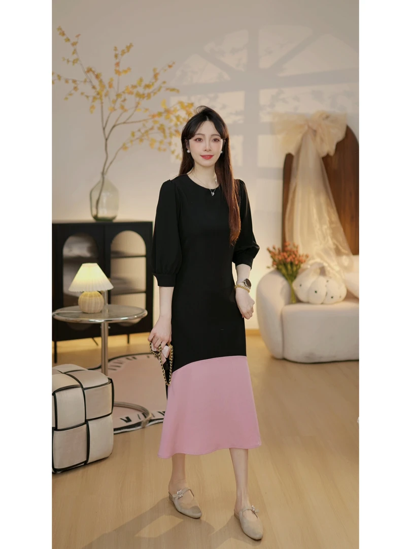 【邂逅优雅E】新款法式黑粉拼接鱼尾连衣裙小众收腰长裙