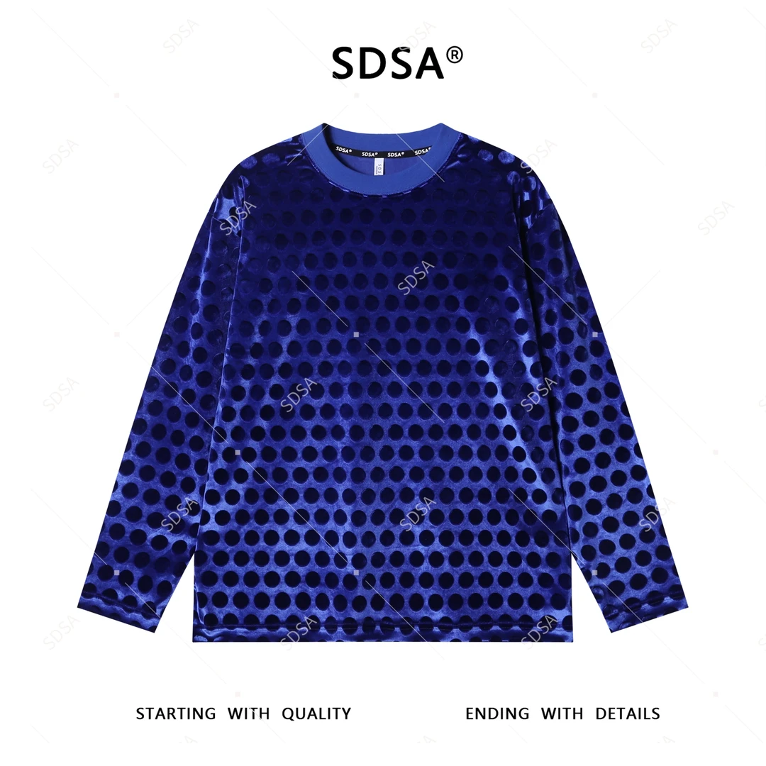 SDSA男士2025新款轻奢痞帅男装美式植绒波点圆领长袖T恤百搭宽松