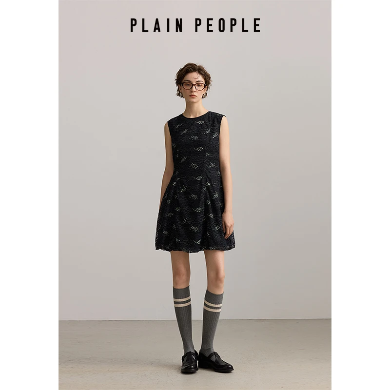 PLAIN PEOPLE千金风蕾丝小个子无袖背心花苞连衣裙黑色2025春新款