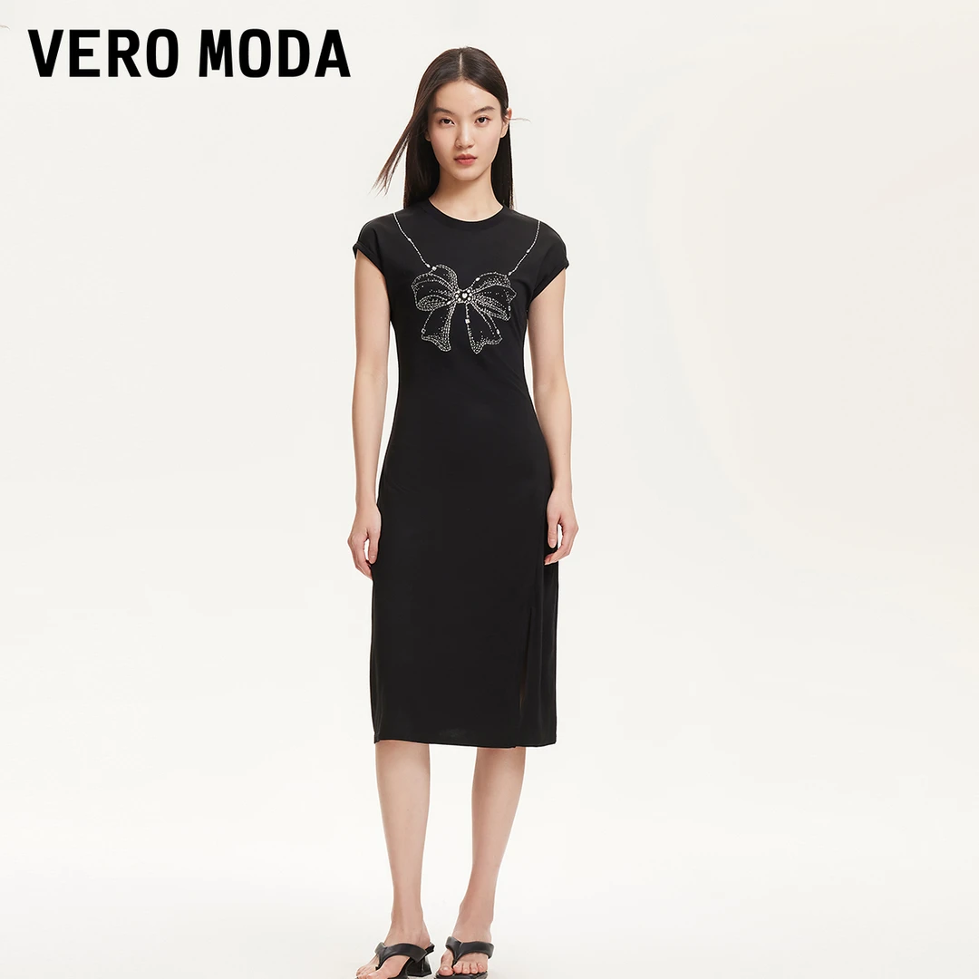 Vero Moda连衣裙2025春季蝴蝶结亮钻装饰卷边袖气质长裙洋气裙子