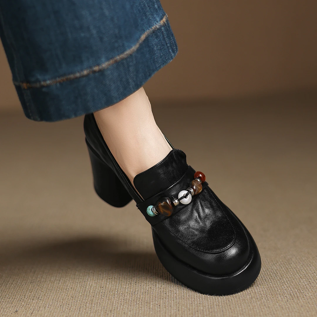 修悦~7cm高跟鞋英伦风羊皮乐福鞋女粗跟一脚蹬豆豆鞋百搭气质单鞋