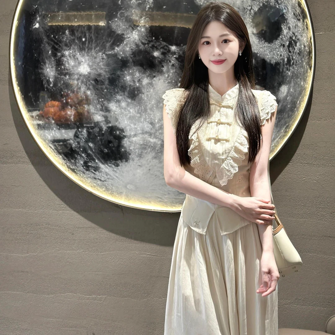 新中式盘口刺绣花边显瘦大码上衣女夏季旗袍裙子女款爆款2025新款