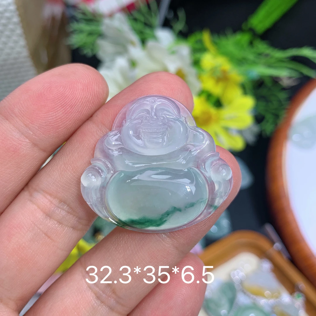 天然缅甸翡翠A货冰种飘绿啊福豆夏吊坠种老水足气质百搭精雕精美