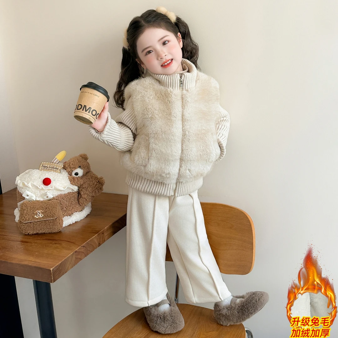 女童冬装仿皮草套装202新款秋冬季儿童超好看加绒两件套宝宝衣服
