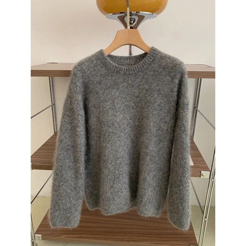 自留！软糯灰色长袖套头针织毛衣女秋冬季慵懒风软糯内搭打底上衣